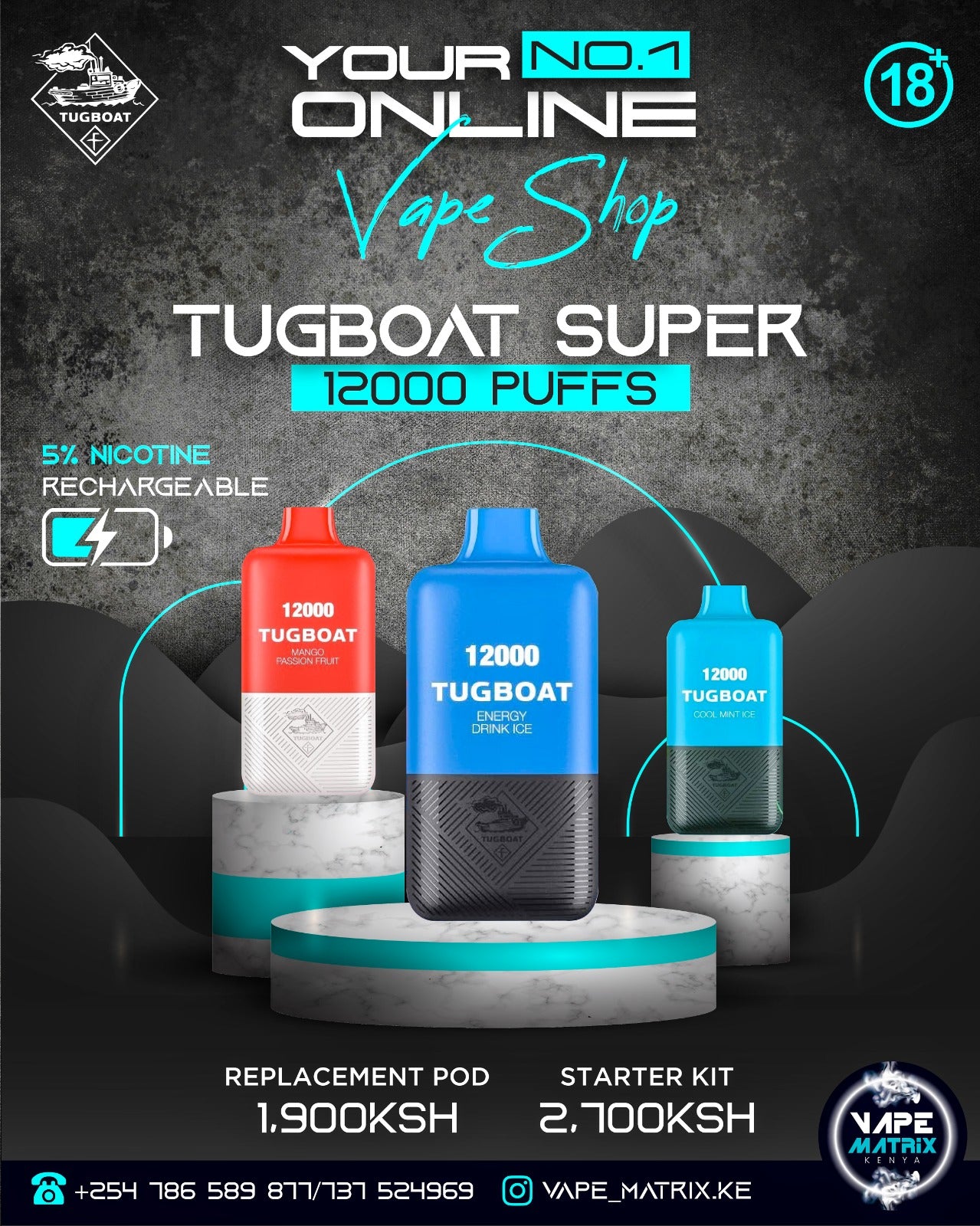 TUGBOAT SUPER KIT and POD 12000 PUFFS 5%nic